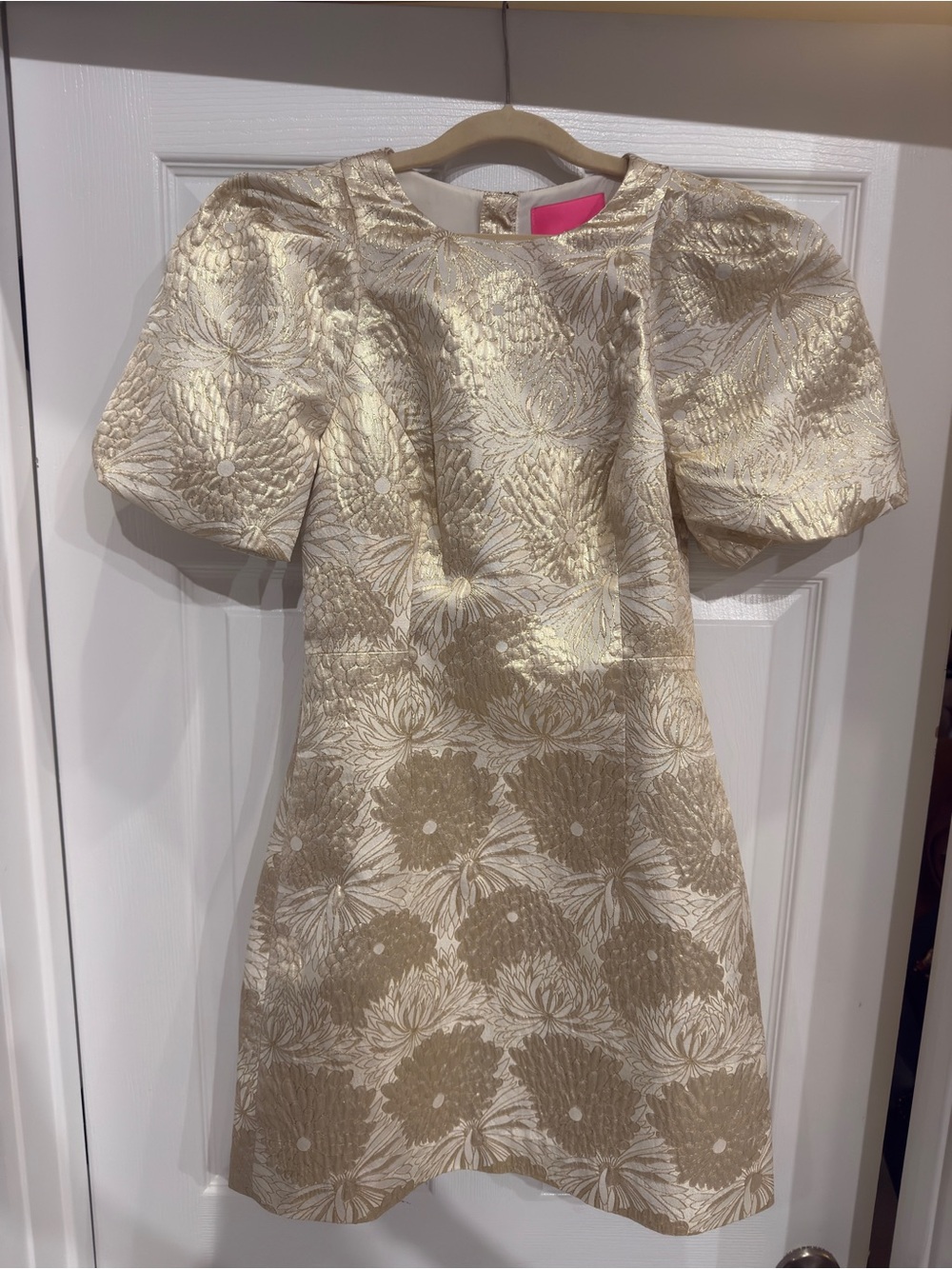 Lilly Pulitzer Gold and Cream Floral Brocade Puff Sleeve Dress